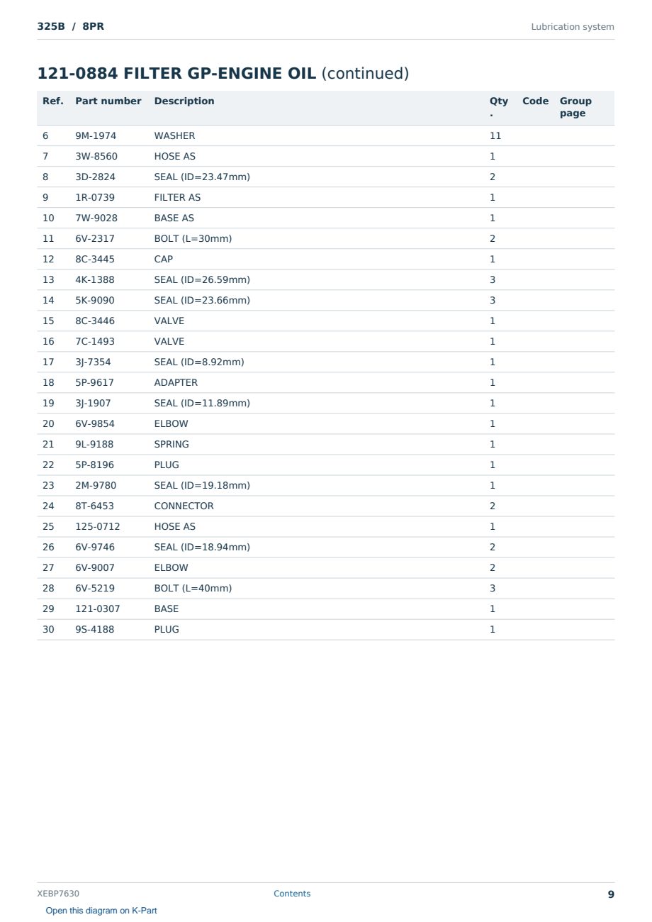 Caterpillar 325B S/N 8PR Partsbook XEBP7630 (English) - sample page 9 of 10 Caterpillar 325B S/N 8PR Partsbook XEBP7630 (English) - sample page 9 of 10