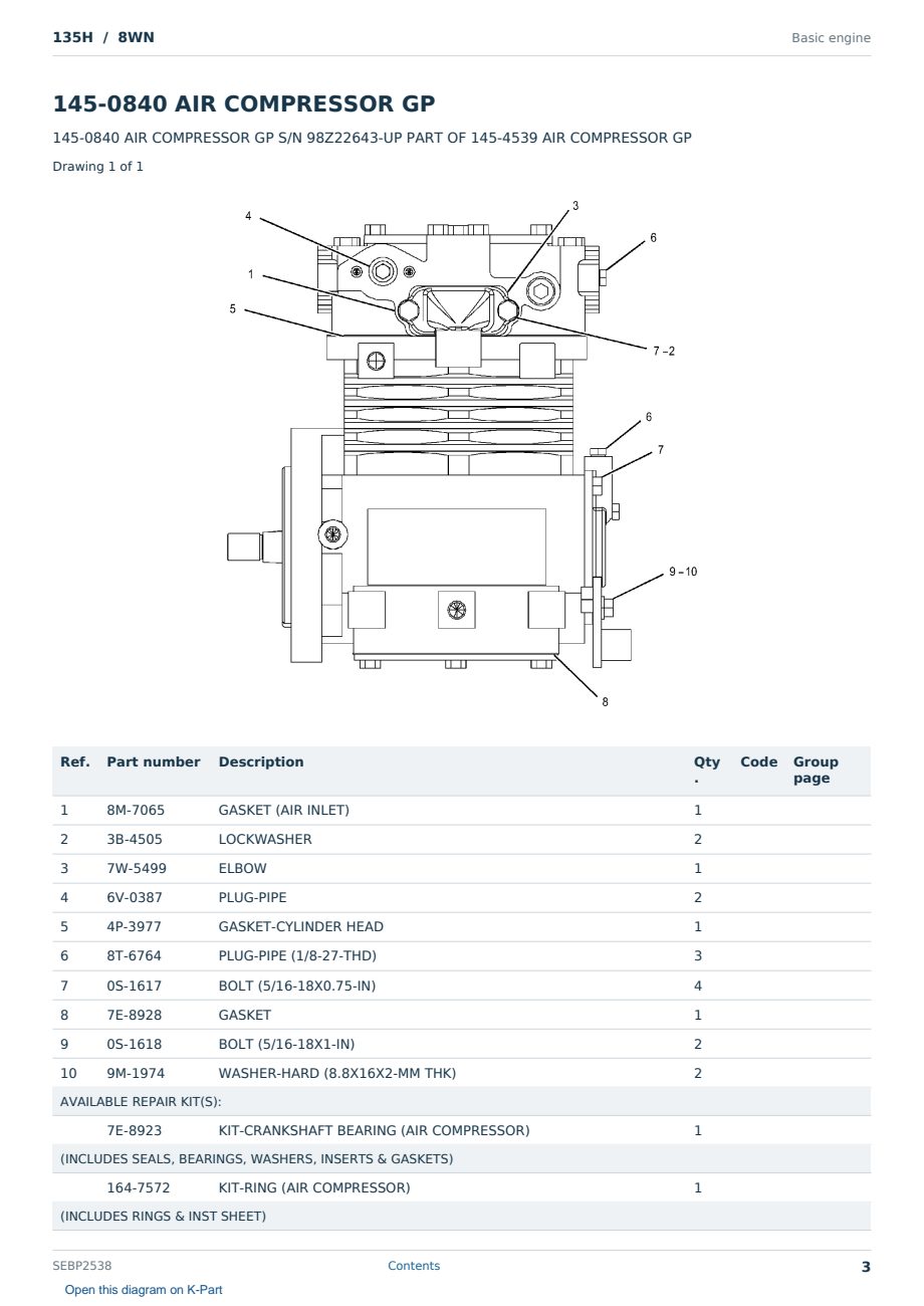 Caterpillar 135H S/N 8WN Partsbook SEBP2538 (English) - sample page 3 of 10 Caterpillar 135H S/N 8WN Partsbook SEBP2538 (English) - sample page 3 of 10