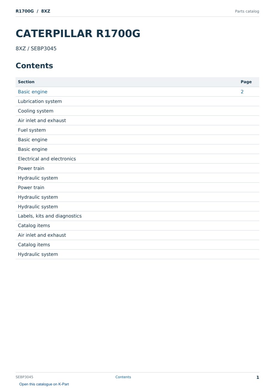 Caterpillar R1700G S/N 8XZ Partsbook SEBP3045 (English) - sample page 1 of 10 Caterpillar R1700G S/N 8XZ Partsbook SEBP3045 (English) - sample page 1 of 10