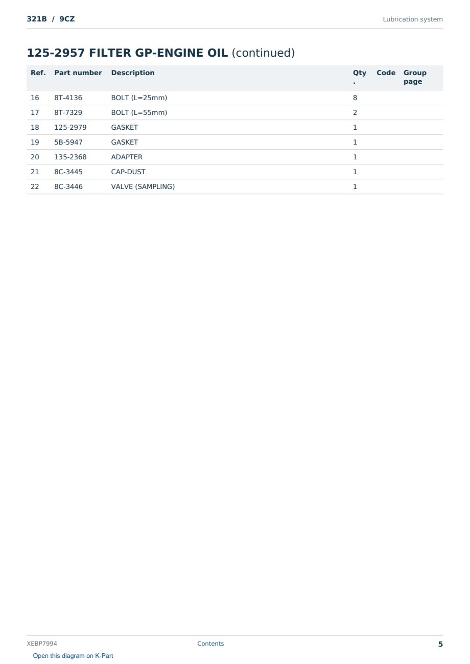 Caterpillar 321B S/N 9CZ Partsbook XEBP7994 (English) - sample page 5 of 10 Caterpillar 321B S/N 9CZ Partsbook XEBP7994 (English) - sample page 5 of 10