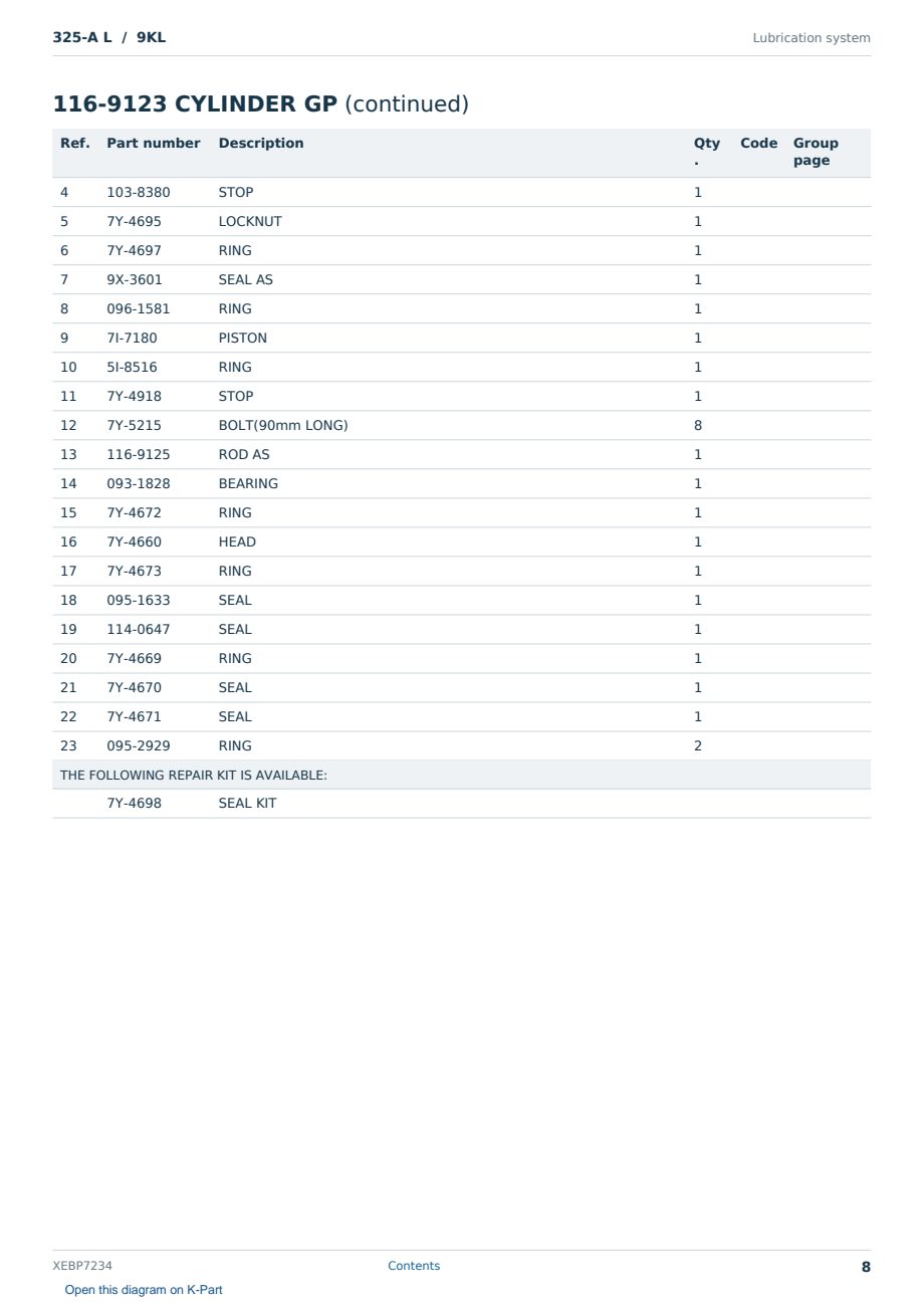 Caterpillar 325-A L S/N 9KL Partsbook XEBP7234 (English) - sample page 8 of 10 Caterpillar 325-A L S/N 9KL Partsbook XEBP7234 (English) - sample page 8 of 10