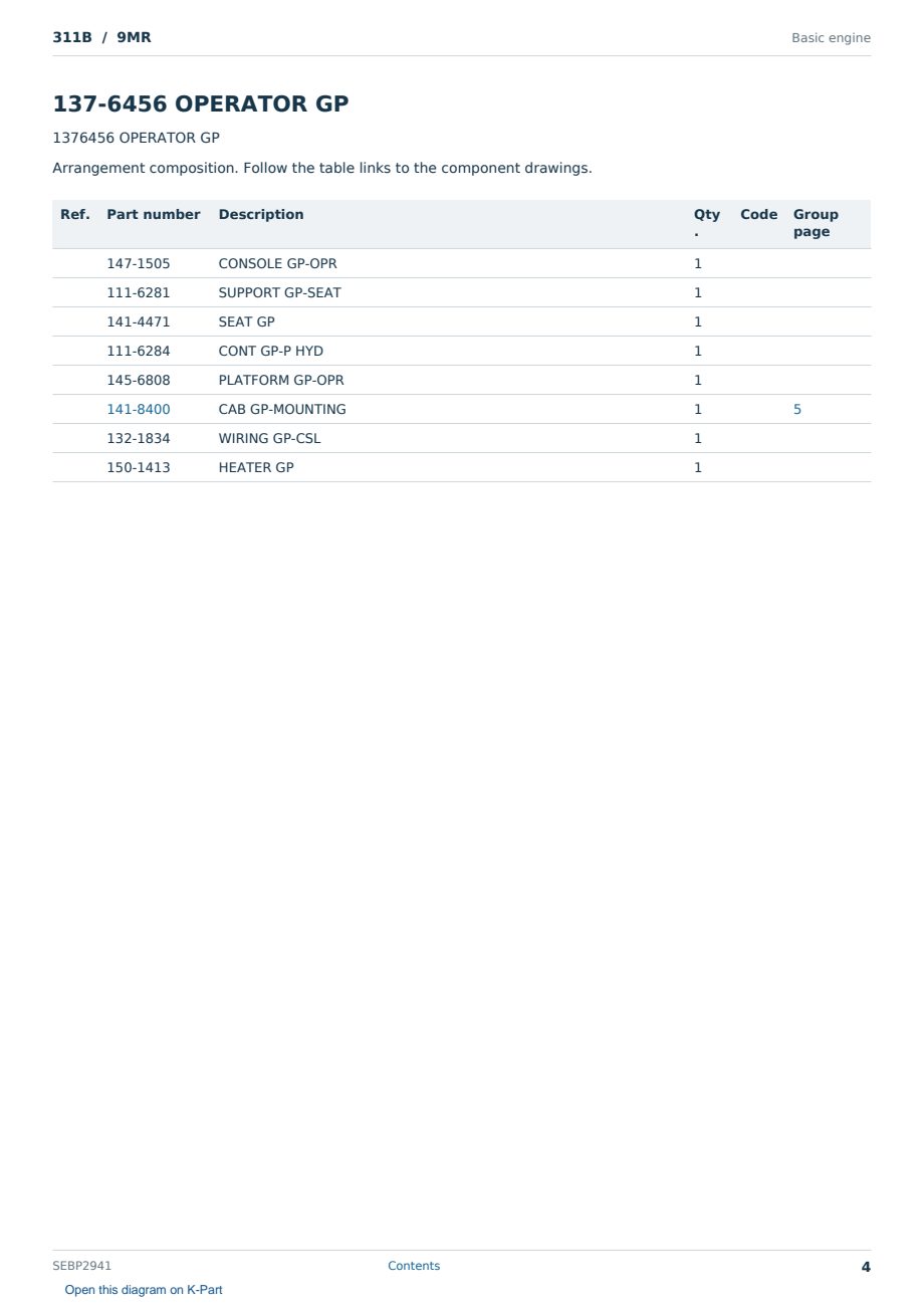 Caterpillar 311B S/N 9MR Partsbook SEBP2941 (English) - sample page 4 of 10 Caterpillar 311B S/N 9MR Partsbook SEBP2941 (English) - sample page 4 of 10