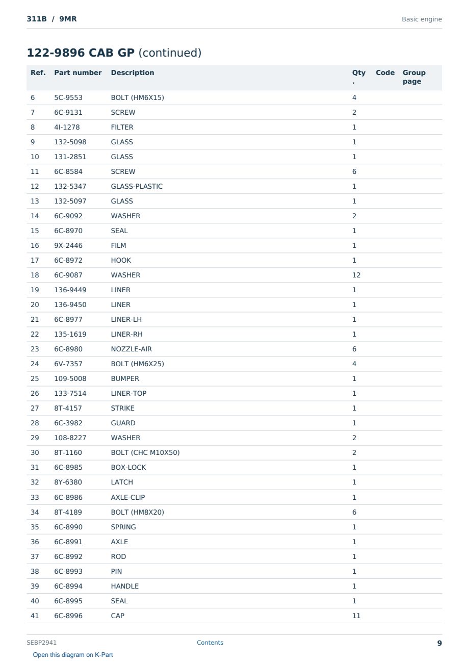 Caterpillar 311B S/N 9MR Partsbook SEBP2941 (English) - sample page 9 of 10 Caterpillar 311B S/N 9MR Partsbook SEBP2941 (English) - sample page 9 of 10
