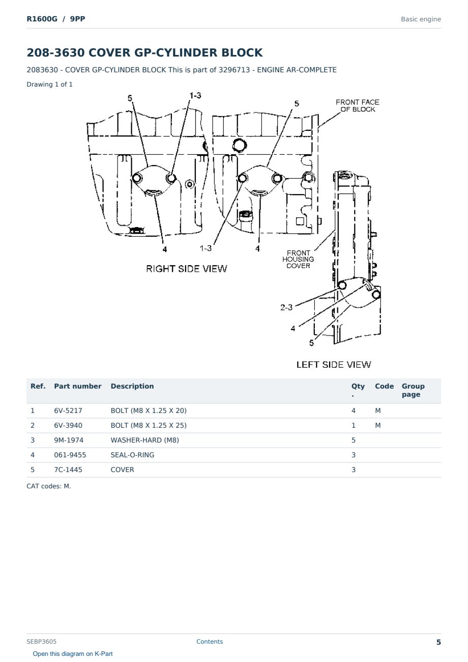 Caterpillar R1600G S/N 9PP Partsbook SEBP3605 (English) - sample page 5 of 10 Caterpillar R1600G S/N 9PP Partsbook SEBP3605 (English) - sample page 5 of 10
