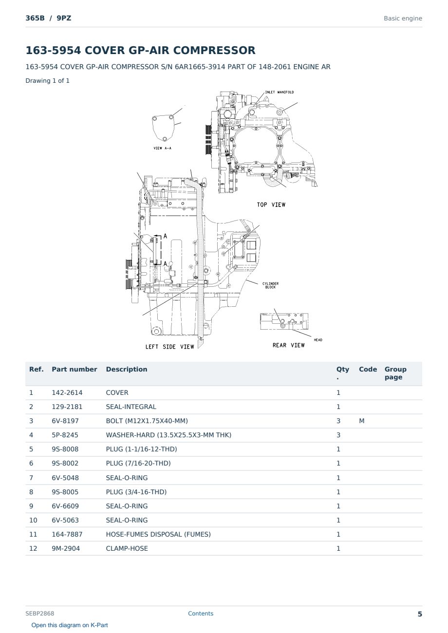 Caterpillar 365B S/N 9PZ Partsbook SEBP2868 (English) - sample page 5 of 10 Caterpillar 365B S/N 9PZ Partsbook SEBP2868 (English) - sample page 5 of 10