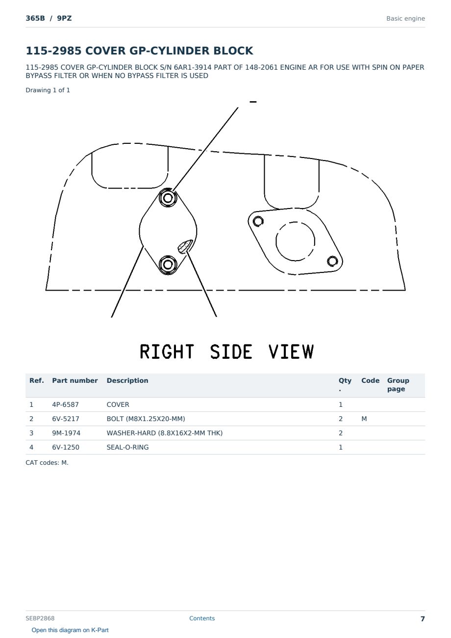 Caterpillar 365B S/N 9PZ Partsbook SEBP2868 (English) - sample page 7 of 10 Caterpillar 365B S/N 9PZ Partsbook SEBP2868 (English) - sample page 7 of 10