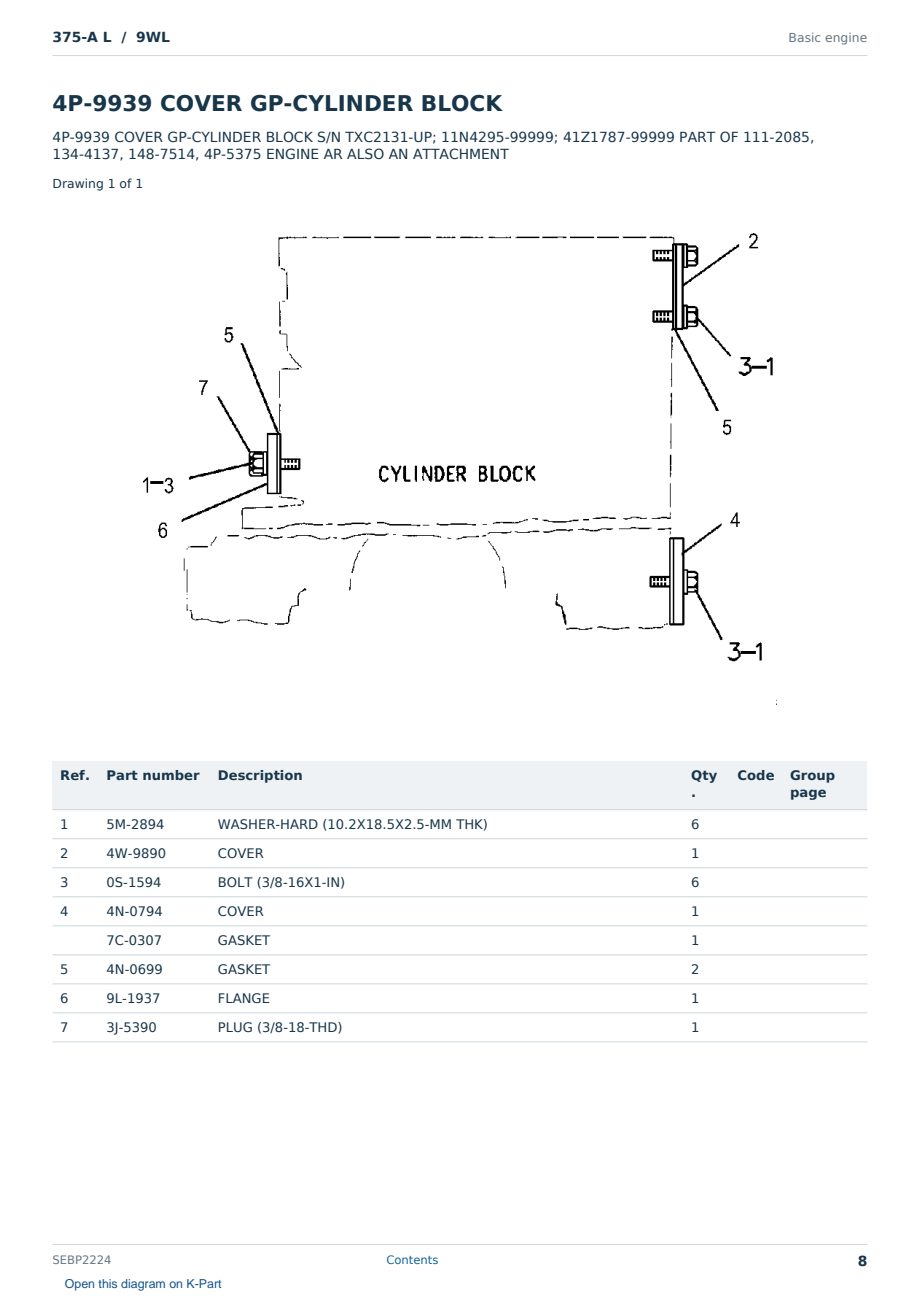 Caterpillar 375-A L S/N 9WL Partsbook SEBP2224 (English) - sample page 8 of 10 Caterpillar 375-A L S/N 9WL Partsbook SEBP2224 (English) - sample page 8 of 10