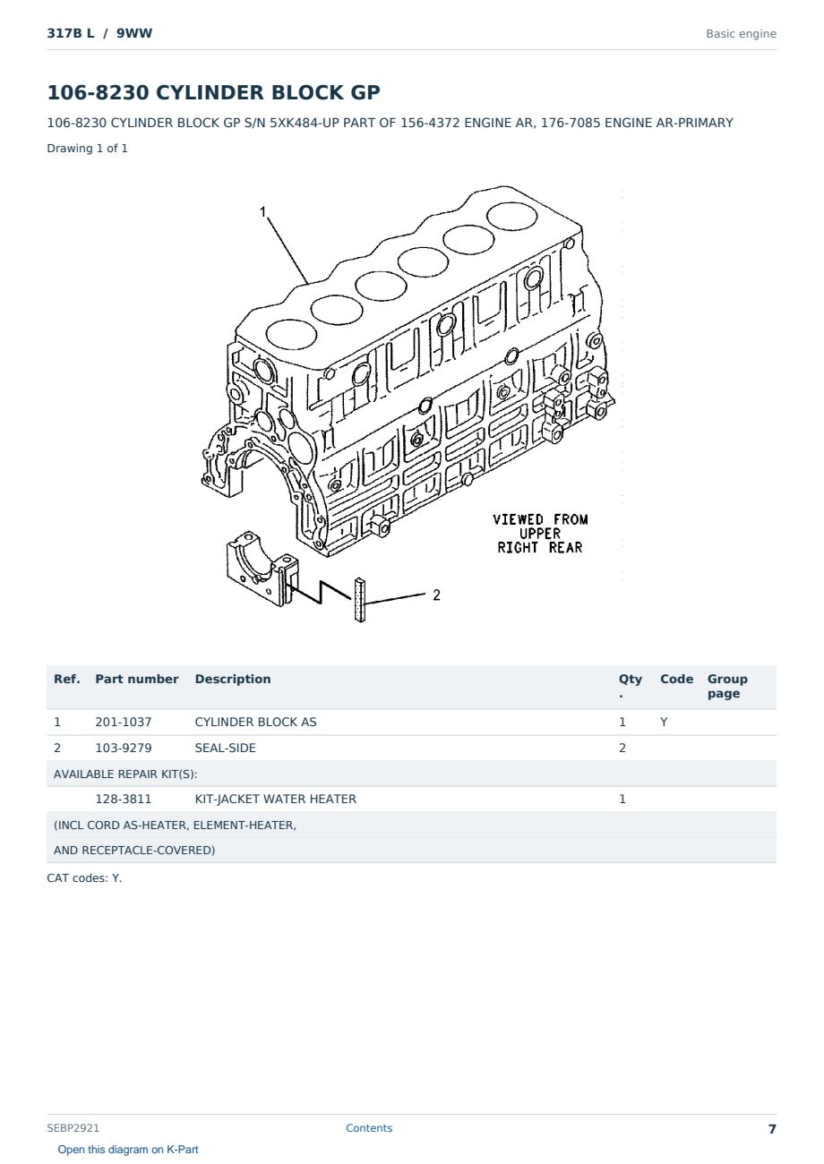 Caterpillar 317B L S/N 9WW Partsbook SEBP2921 (English) - sample page 7 of 10 Caterpillar 317B L S/N 9WW Partsbook SEBP2921 (English) - sample page 7 of 10
