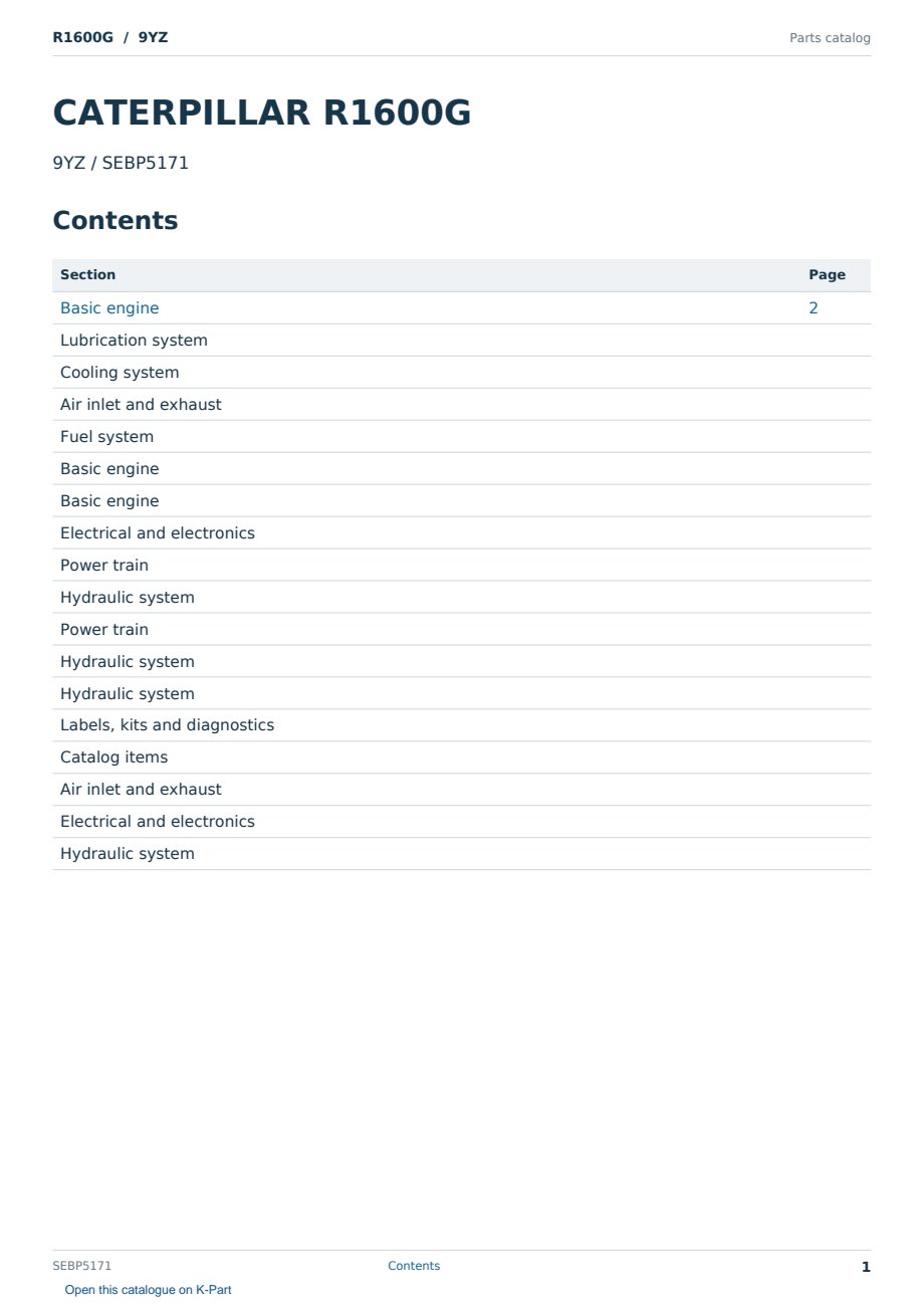 Caterpillar R1600G S/N 9YZ Partsbook SEBP5171 (English) - sample page 1 of 10 Caterpillar R1600G S/N 9YZ Partsbook SEBP5171 (English) - sample page 1 of 10