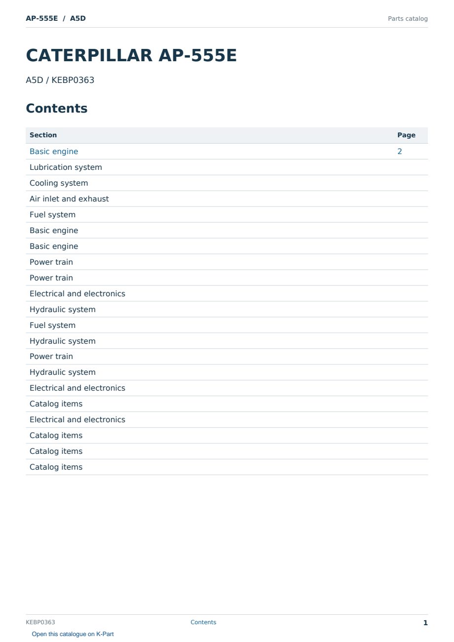 Caterpillar AP-555E S/N A5D Partsbook KEBP0363 (English) - sample page 1 of 10 Caterpillar AP-555E S/N A5D Partsbook KEBP0363 (English) - sample page 1 of 10
