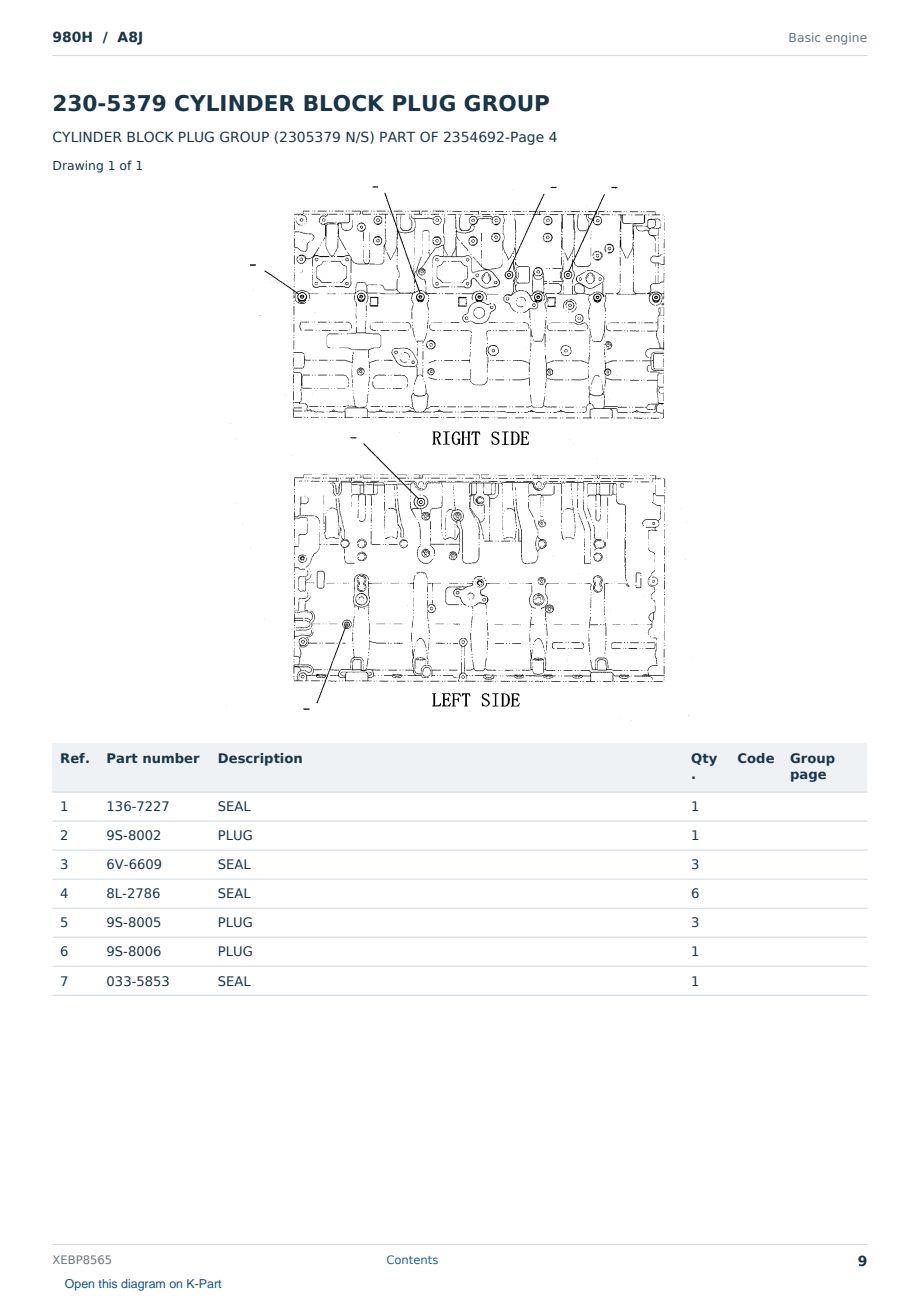 Caterpillar 980H S/N A8J Partsbook XEBP8565 (English) - sample page 9 of 10 Caterpillar 980H S/N A8J Partsbook XEBP8565 (English) - sample page 9 of 10