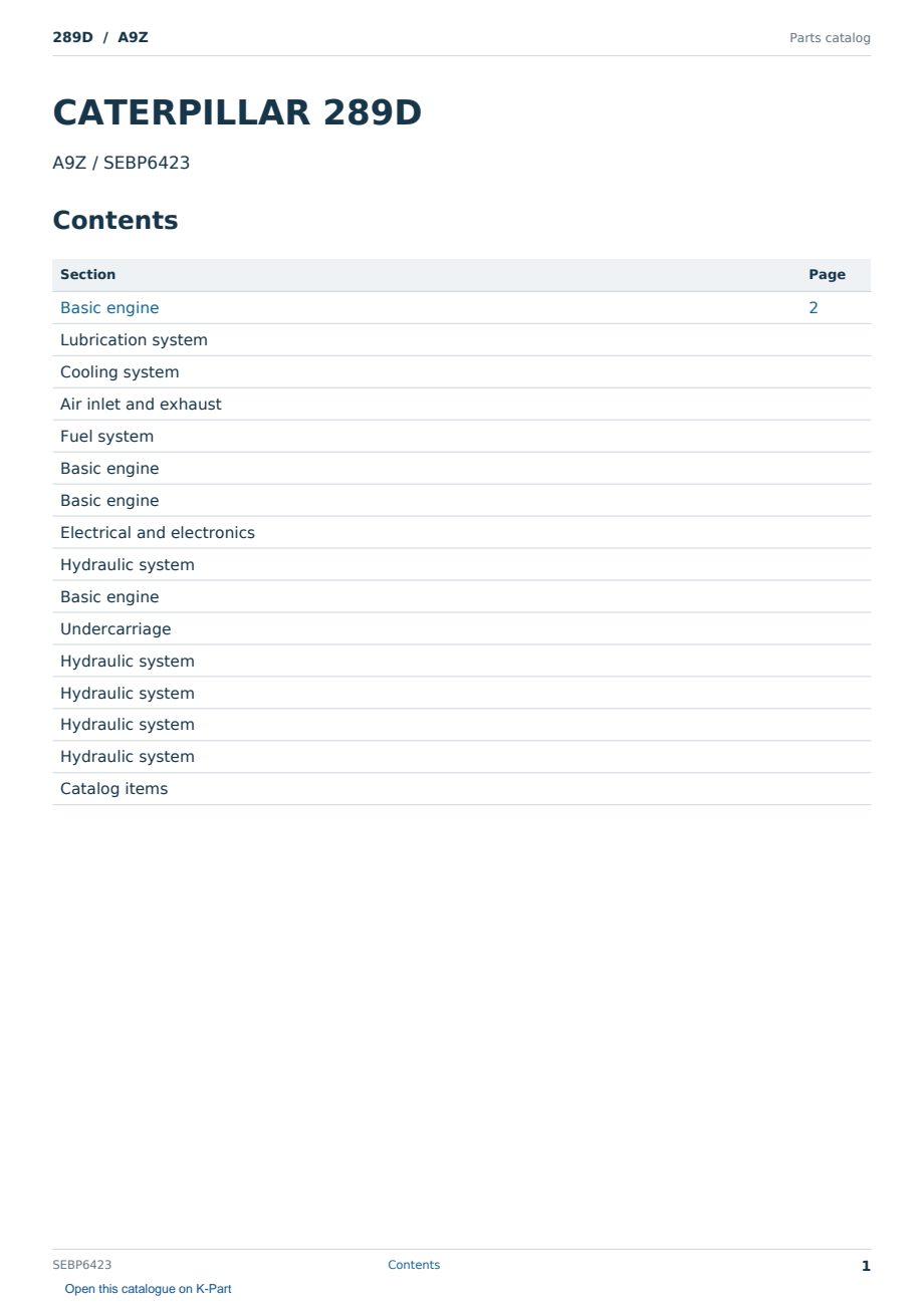 Caterpillar 289D S/N A9Z Partsbook SEBP6423 (English) - sample page 1 of 10 Caterpillar 289D S/N A9Z Partsbook SEBP6423 (English) - sample page 1 of 10