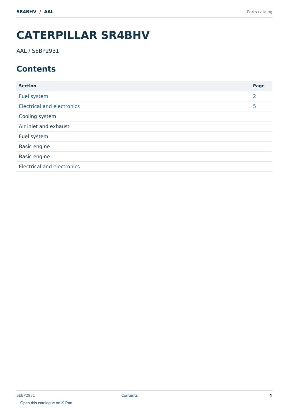 Caterpillar SR4BHV S/N AAL Partsbook SEBP2931 (English) - sample page 1 of 10 Caterpillar SR4BHV S/N AAL Partsbook SEBP2931 (English) - sample page 1 of 10