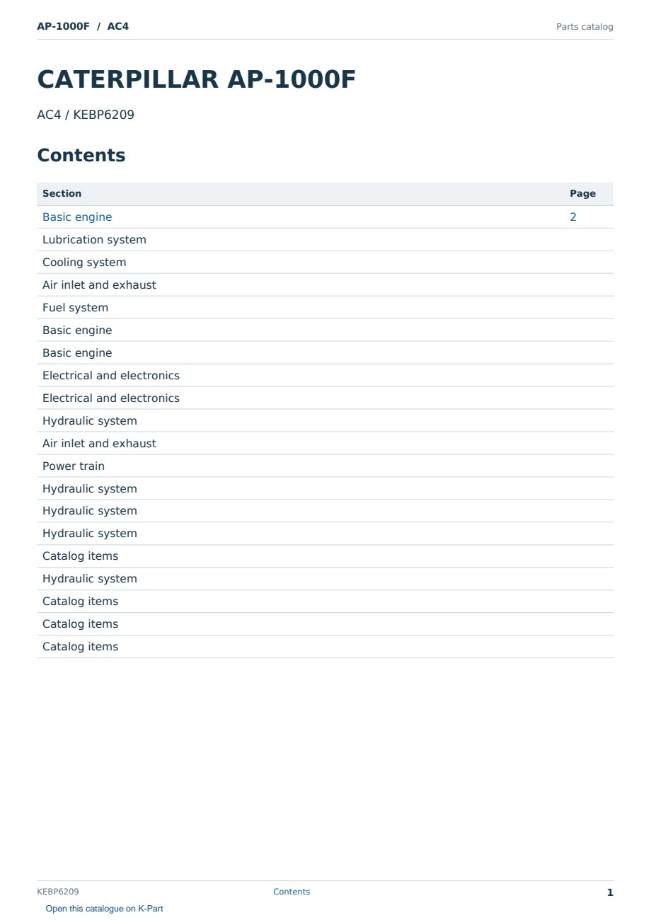 Caterpillar AP-1000F S/N AC4 Partsbook KEBP6209 (English) - sample page 1 of 10 Caterpillar AP-1000F S/N AC4 Partsbook KEBP6209 (English) - sample page 1 of 10