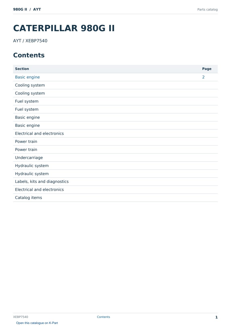 Caterpillar 980G II S/N AYT Partsbook XEBP7540 (English) - sample page 1 of 10 Caterpillar 980G II S/N AYT Partsbook XEBP7540 (English) - sample page 1 of 10