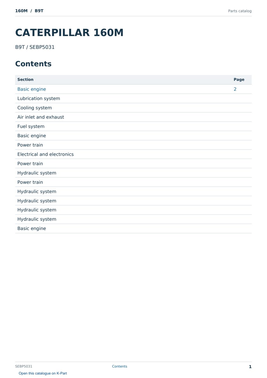 Caterpillar 160M S/N B9T Partsbook SEBP5031 (English) - sample page 1 of 10 Caterpillar 160M S/N B9T Partsbook SEBP5031 (English) - sample page 1 of 10