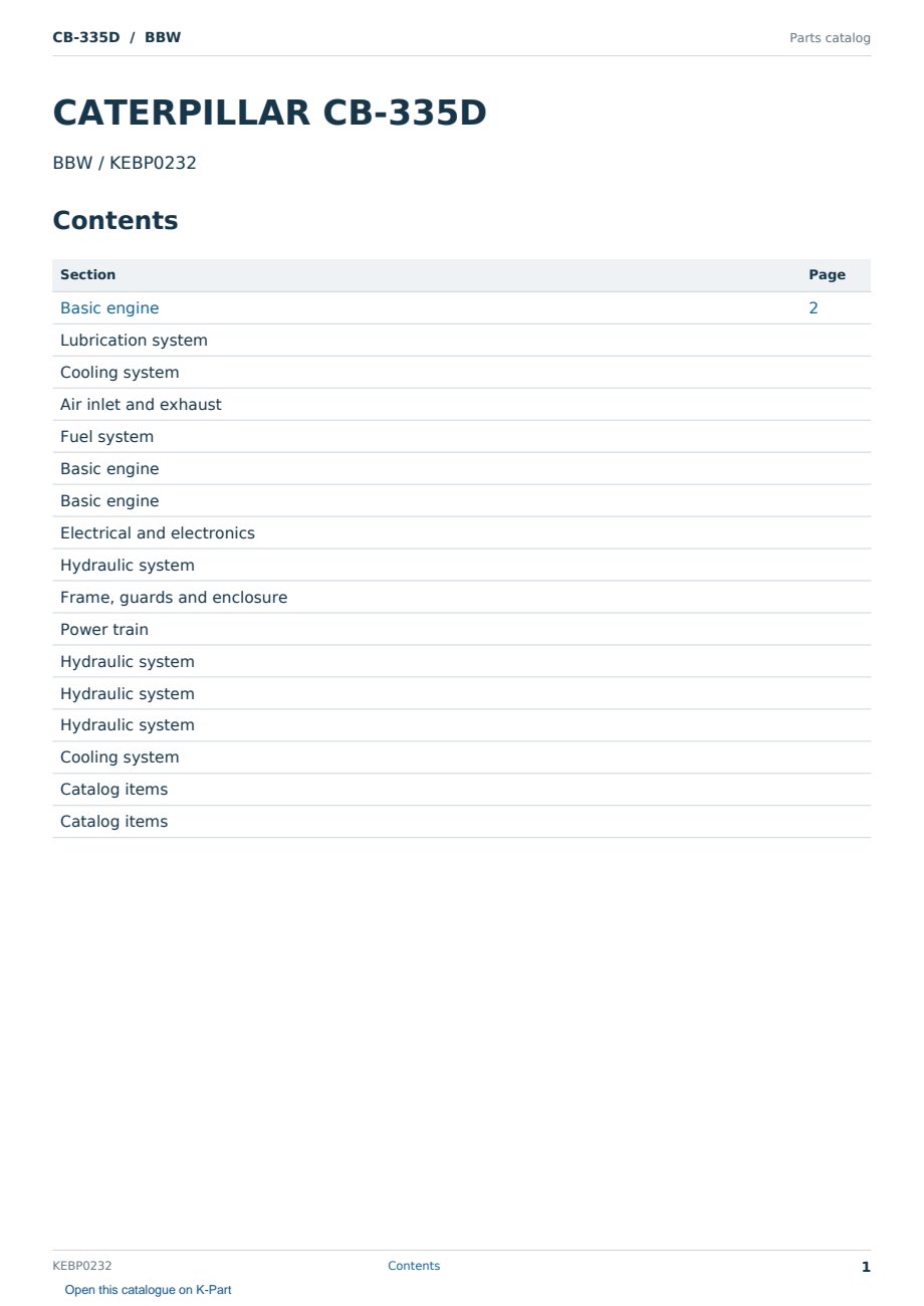 Caterpillar CB-335D S/N BBW Partsbook KEBP0232 (English) - sample page 1 of 10 Caterpillar CB-335D S/N BBW Partsbook KEBP0232 (English) - sample page 1 of 10