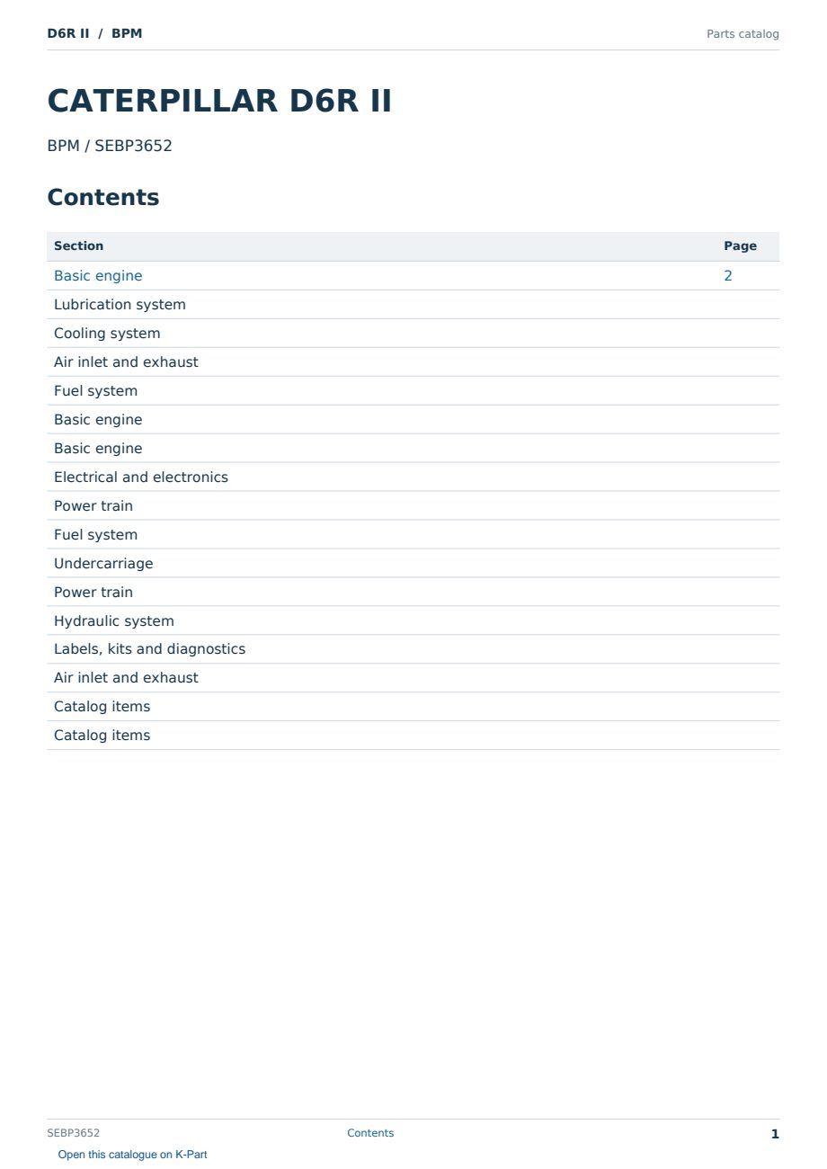 Caterpillar D6R II S/N BPM Partsbook SEBP3652 (English) - sample page 1 of 10 Caterpillar D6R II S/N BPM Partsbook SEBP3652 (English) - sample page 1 of 10