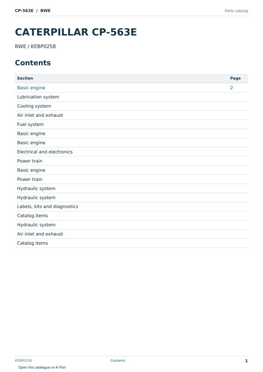 Caterpillar CP-563E S/N BWE Partsbook KEBP0258 (English) - sample page 1 of 10 Caterpillar CP-563E S/N BWE Partsbook KEBP0258 (English) - sample page 1 of 10
