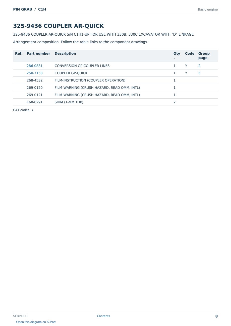 Caterpillar PIN GRAB S/N C1H Partsbook SEBP4211 (English) - sample page 8 of 8 Caterpillar PIN GRAB S/N C1H Partsbook SEBP4211 (English) - sample page 8 of 8