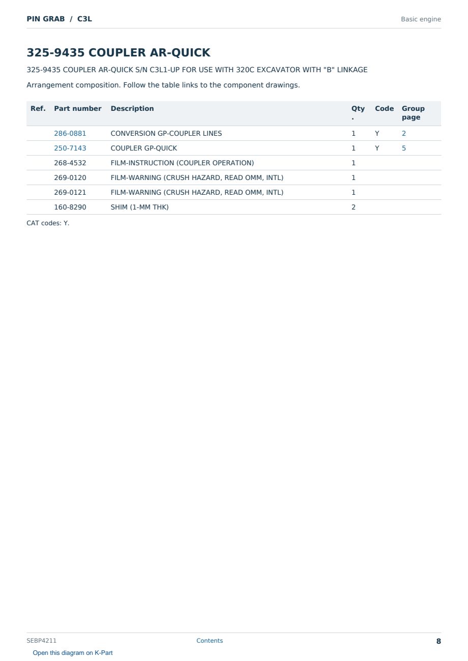 Caterpillar PIN GRAB S/N C3L Partsbook SEBP4211 (English) - sample page 8 of 8 Caterpillar PIN GRAB S/N C3L Partsbook SEBP4211 (English) - sample page 8 of 8