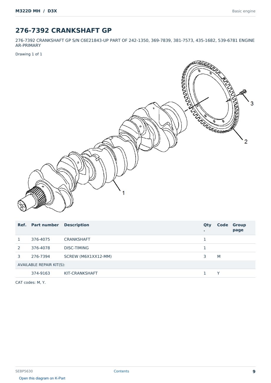 Caterpillar M322D MH S/N D3X Partsbook SEBP5630 (English) - sample page 9 of 10 Caterpillar M322D MH S/N D3X Partsbook SEBP5630 (English) - sample page 9 of 10