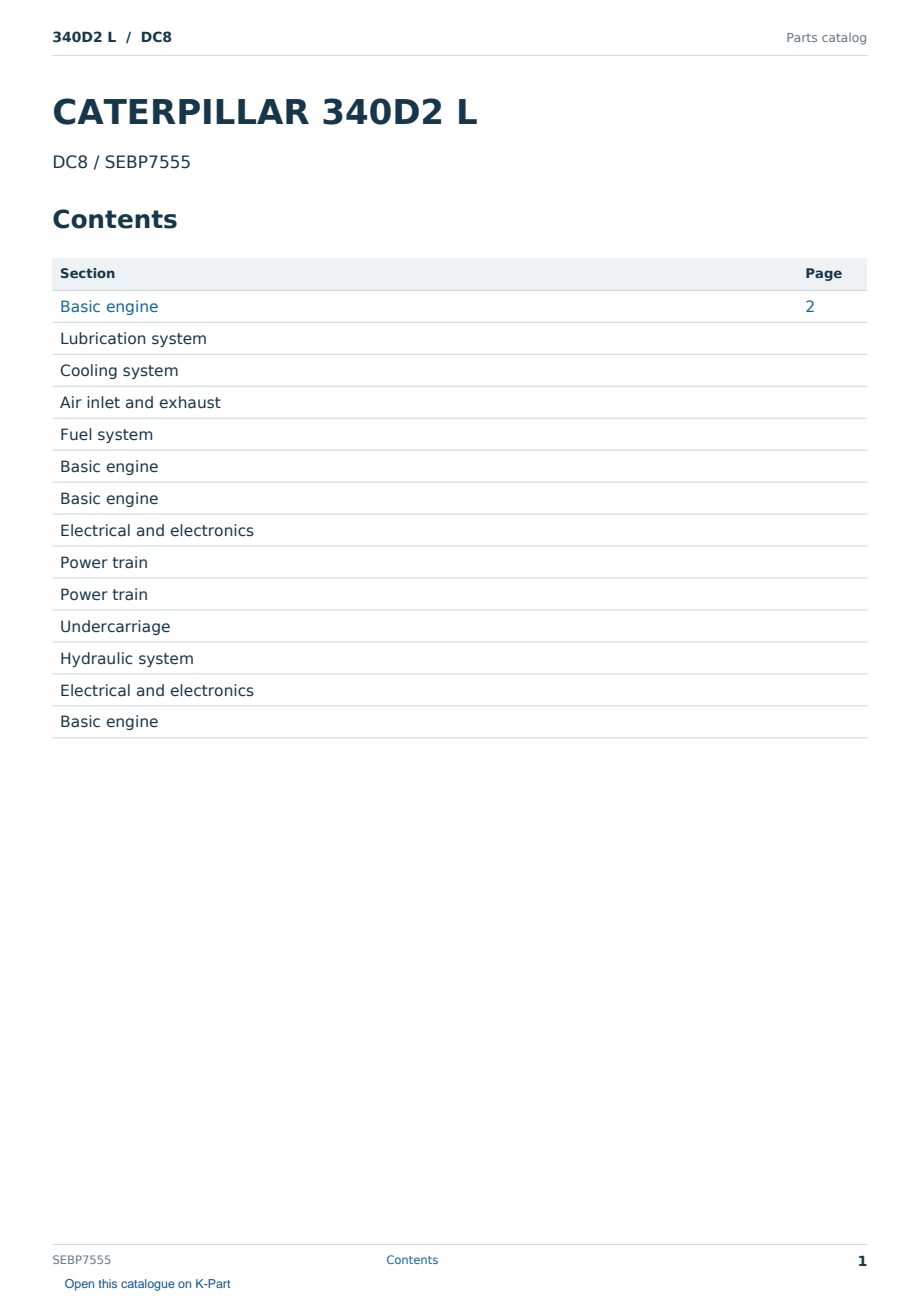 Caterpillar 340D2 L S/N DC8 Partsbook SEBP7555 (English) - sample page 1 of 10 Caterpillar 340D2 L S/N DC8 Partsbook SEBP7555 (English) - sample page 1 of 10