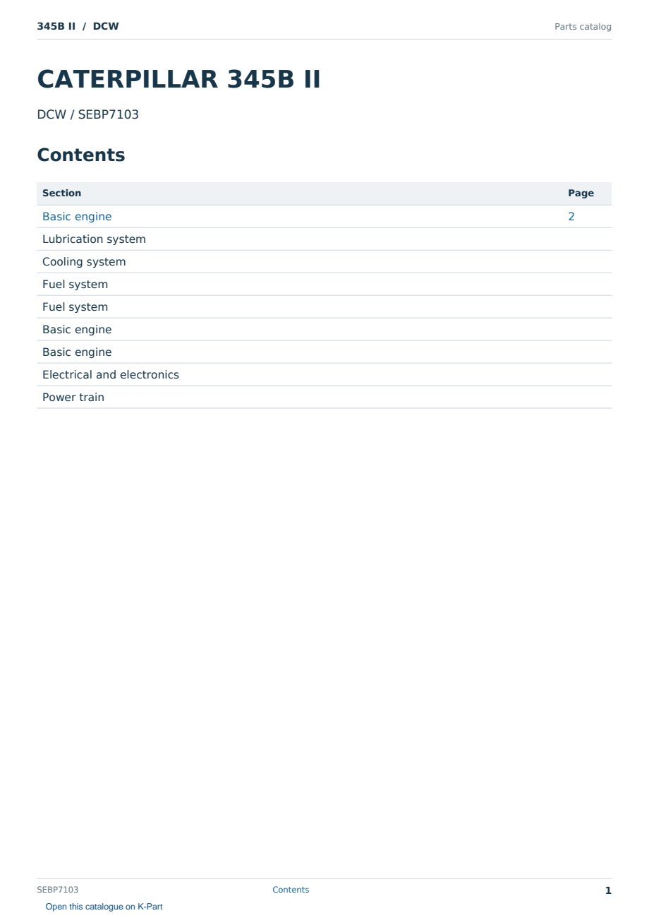 Caterpillar 345B II S/N DCW Partsbook SEBP7103 (English) - sample page 1 of 10 Caterpillar 345B II S/N DCW Partsbook SEBP7103 (English) - sample page 1 of 10