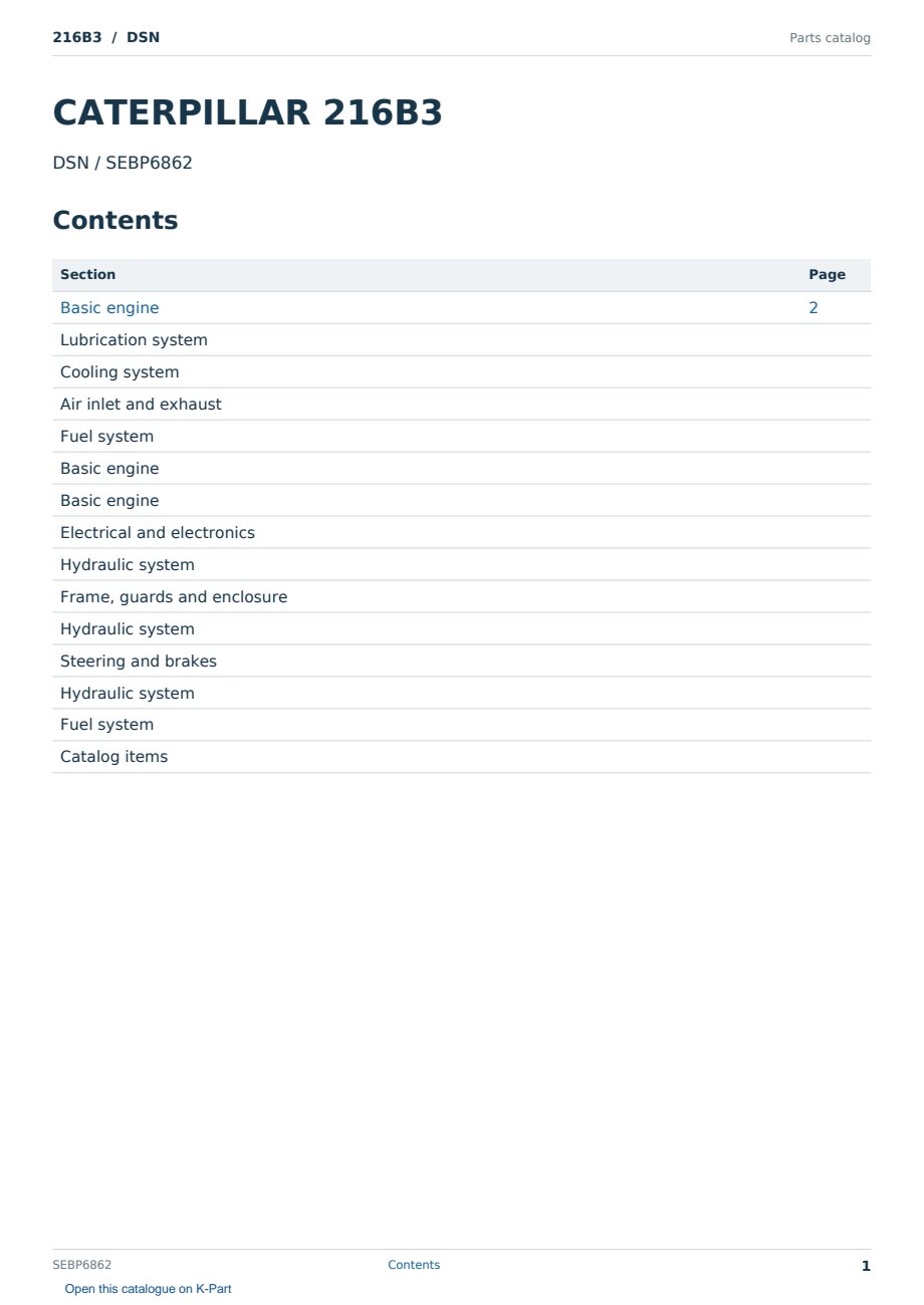 Caterpillar 216B3 S/N DSN Partsbook SEBP6862 (English) - sample page 1 of 10 Caterpillar 216B3 S/N DSN Partsbook SEBP6862 (English) - sample page 1 of 10