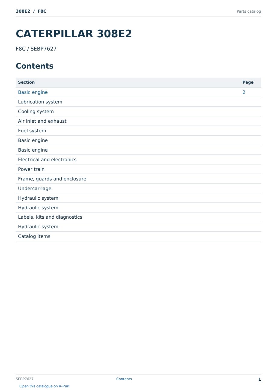 Caterpillar 308E2 S/N F8C Partsbook SEBP7627 (English) - sample page 1 of 10 Caterpillar 308E2 S/N F8C Partsbook SEBP7627 (English) - sample page 1 of 10