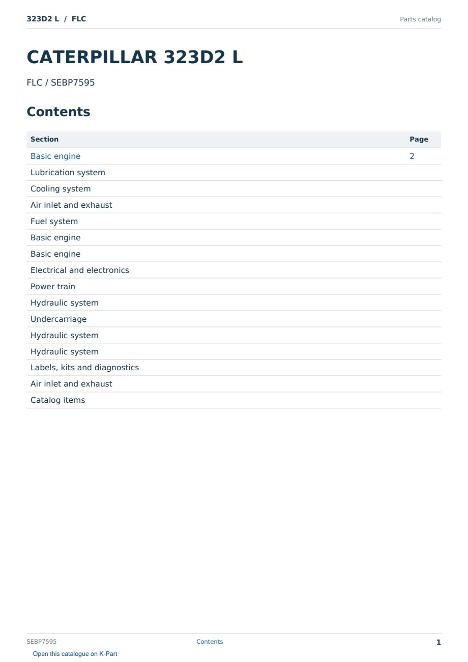 Caterpillar 323D2 L S/N FLC Partsbook SEBP7595 (English) - sample page 1 of 10 Caterpillar 323D2 L S/N FLC Partsbook SEBP7595 (English) - sample page 1 of 10