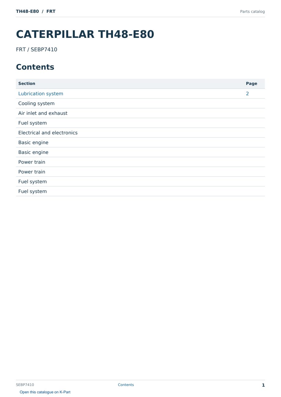Caterpillar TH48-E80 S/N FRT Partsbook SEBP7410 (English) - sample page 1 of 10 Caterpillar TH48-E80 S/N FRT Partsbook SEBP7410 (English) - sample page 1 of 10