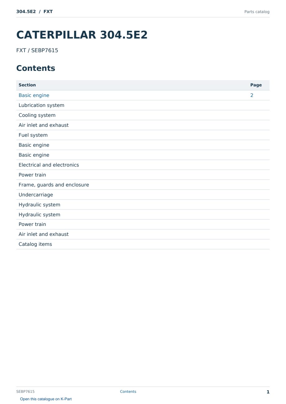 Caterpillar 304.5E2 S/N FXT Partsbook SEBP7615 (English) - sample page 1 of 10 Caterpillar 304.5E2 S/N FXT Partsbook SEBP7615 (English) - sample page 1 of 10