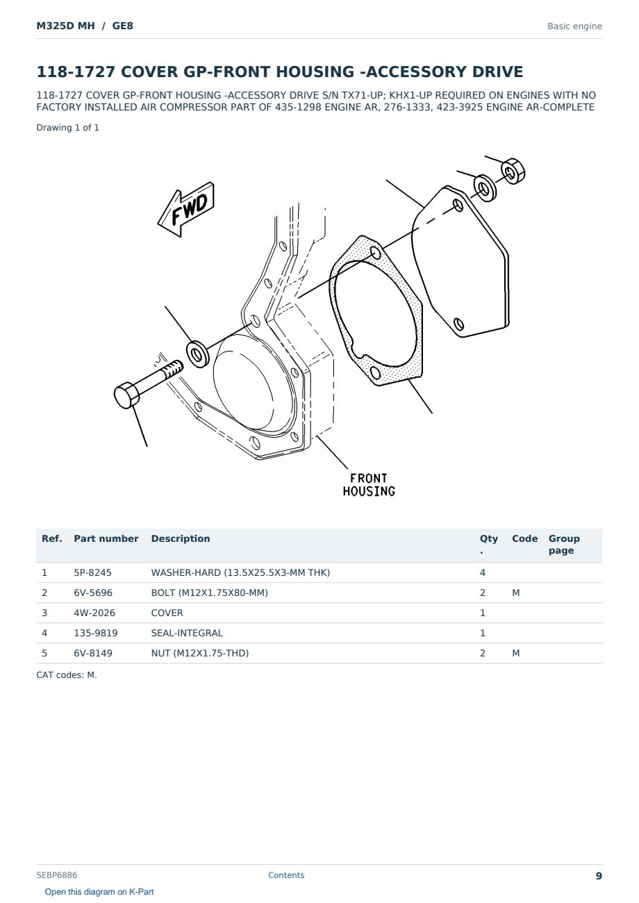 Caterpillar M325D MH S/N GE8 Partsbook SEBP6886 (English) - sample page 9 of 10 Caterpillar M325D MH S/N GE8 Partsbook SEBP6886 (English) - sample page 9 of 10