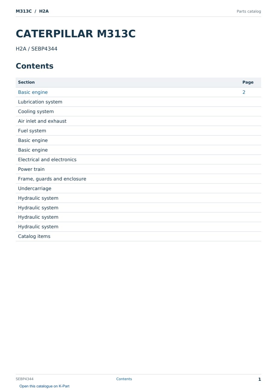 Caterpillar M313C S/N H2A Partsbook SEBP4344 (English) - sample page 1 of 10 Caterpillar M313C S/N H2A Partsbook SEBP4344 (English) - sample page 1 of 10