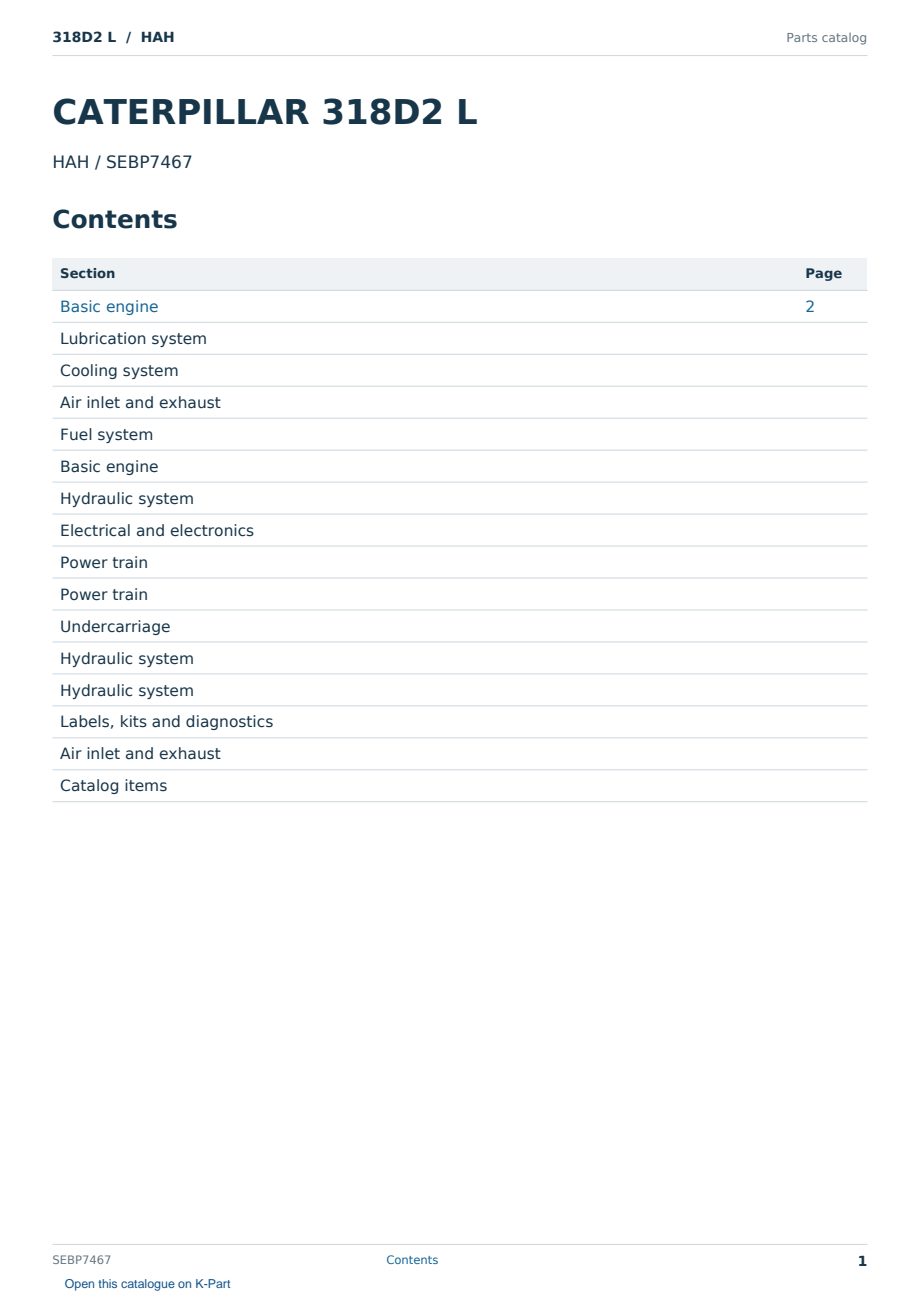 Caterpillar 318D2 L S/N HAH Partsbook SEBP7467 (English) - sample page 1 of 10 Caterpillar 318D2 L S/N HAH Partsbook SEBP7467 (English) - sample page 1 of 10