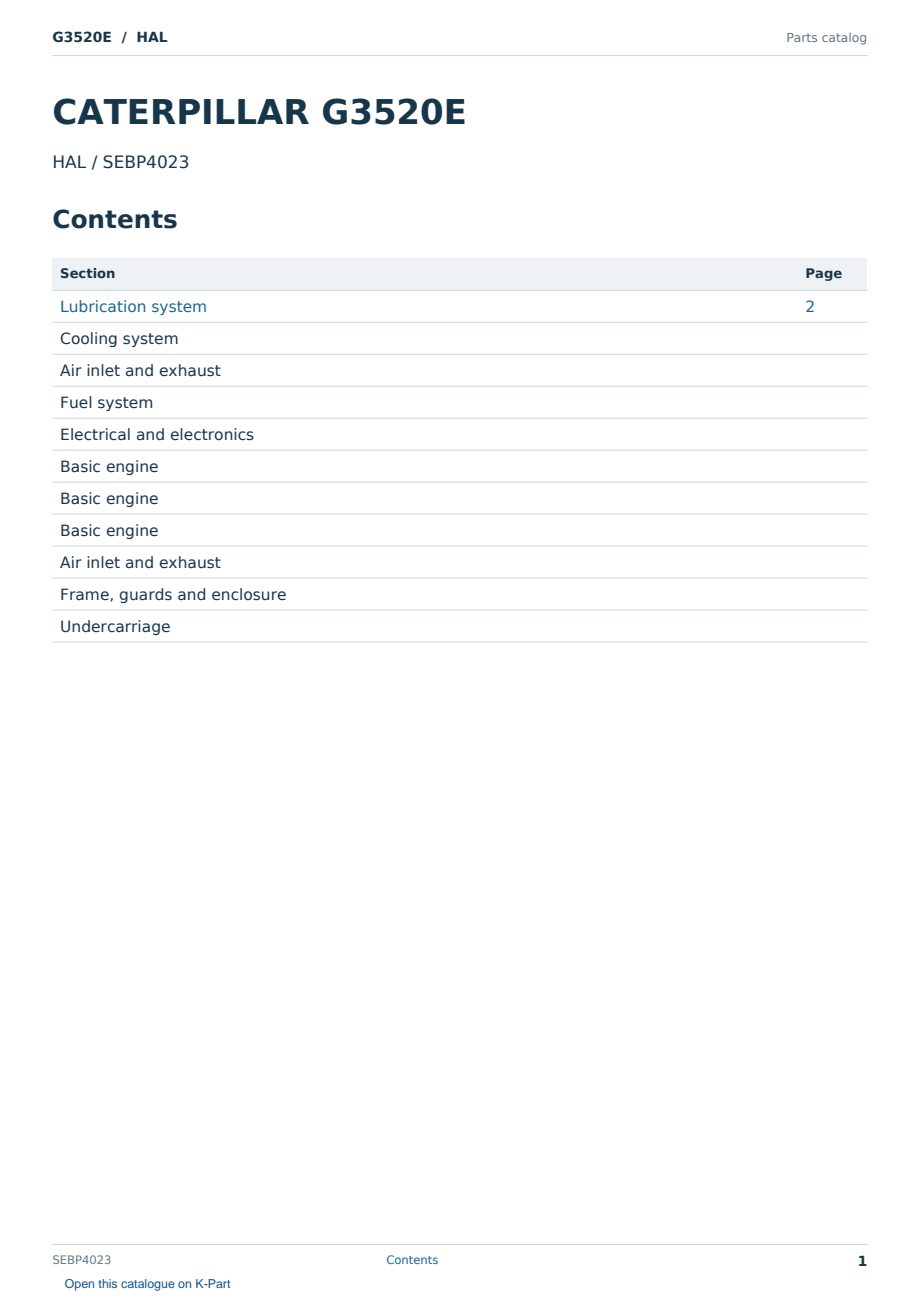 Caterpillar G3520E S/N HAL Partsbook SEBP4023 (English) - sample page 1 of 10 Caterpillar G3520E S/N HAL Partsbook SEBP4023 (English) - sample page 1 of 10