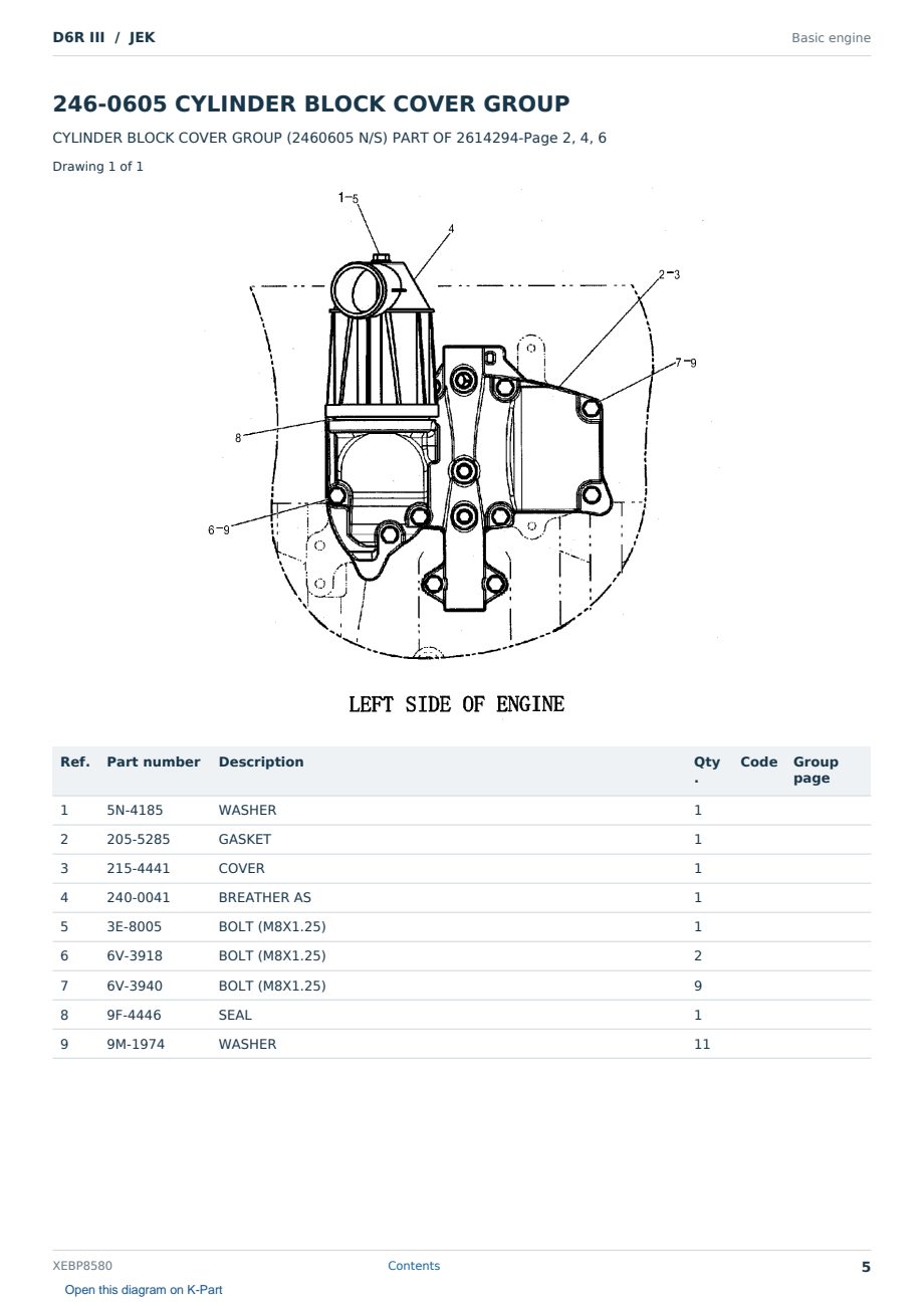 Caterpillar D6R III S/N JEK Partsbook XEBP8580 (English) - sample page 5 of 10 Caterpillar D6R III S/N JEK Partsbook XEBP8580 (English) - sample page 5 of 10