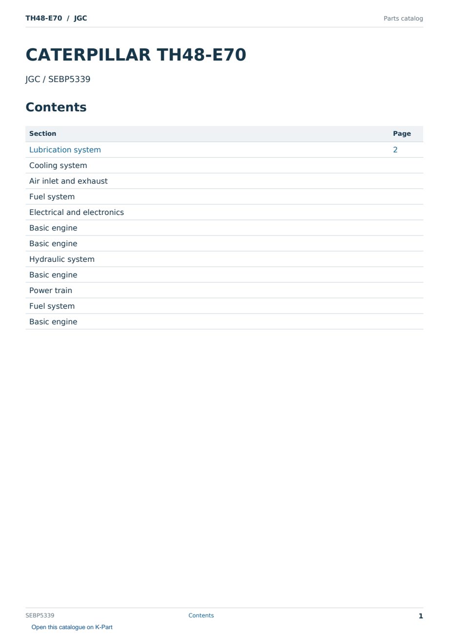 Caterpillar TH48-E70 S/N JGC Partsbook SEBP5339 (English) - sample page 1 of 10 Caterpillar TH48-E70 S/N JGC Partsbook SEBP5339 (English) - sample page 1 of 10