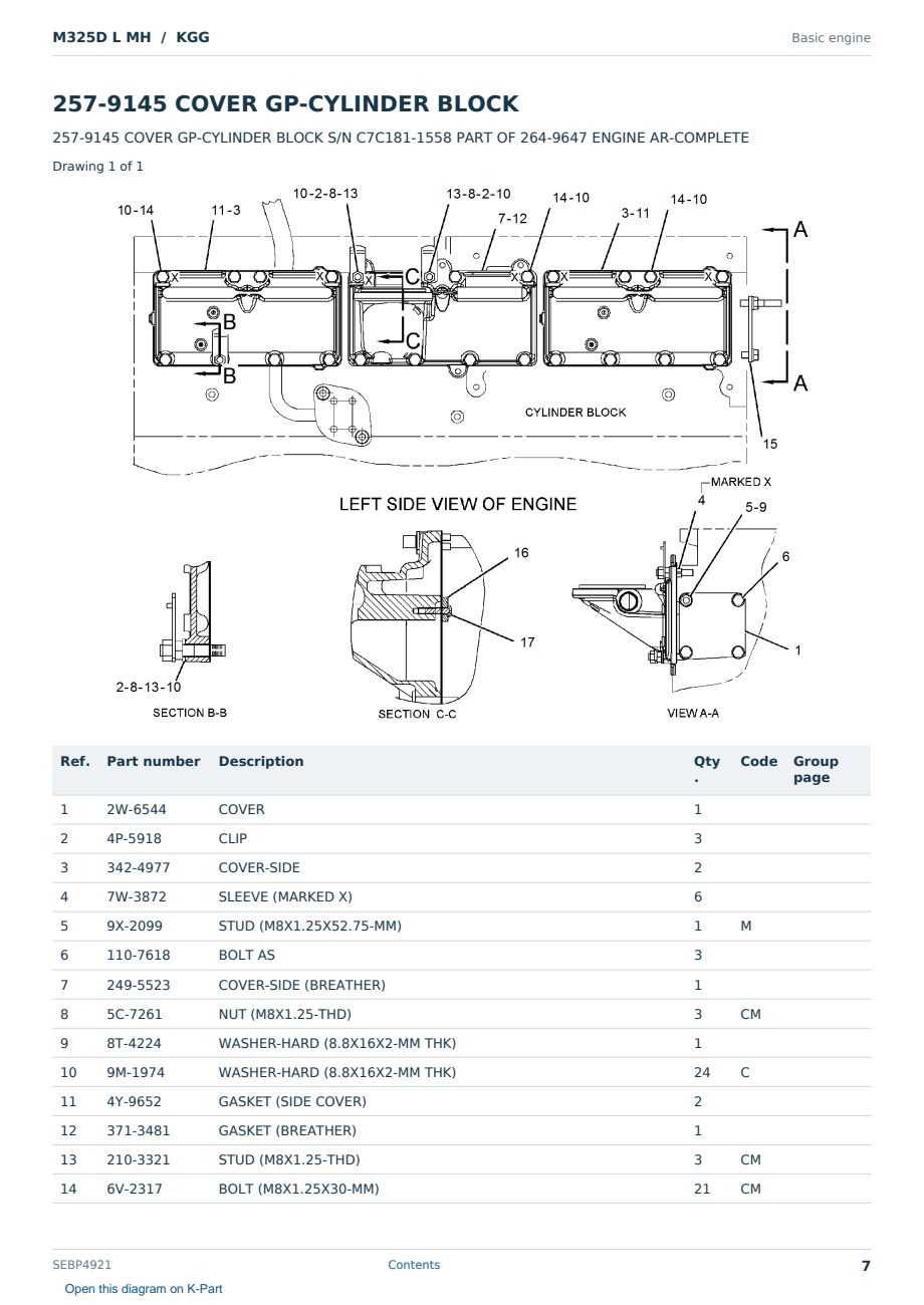 Caterpillar M325D L MH S/N KGG Partsbook SEBP4921 (English) - sample page 7 of 10 Caterpillar M325D L MH S/N KGG Partsbook SEBP4921 (English) - sample page 7 of 10
