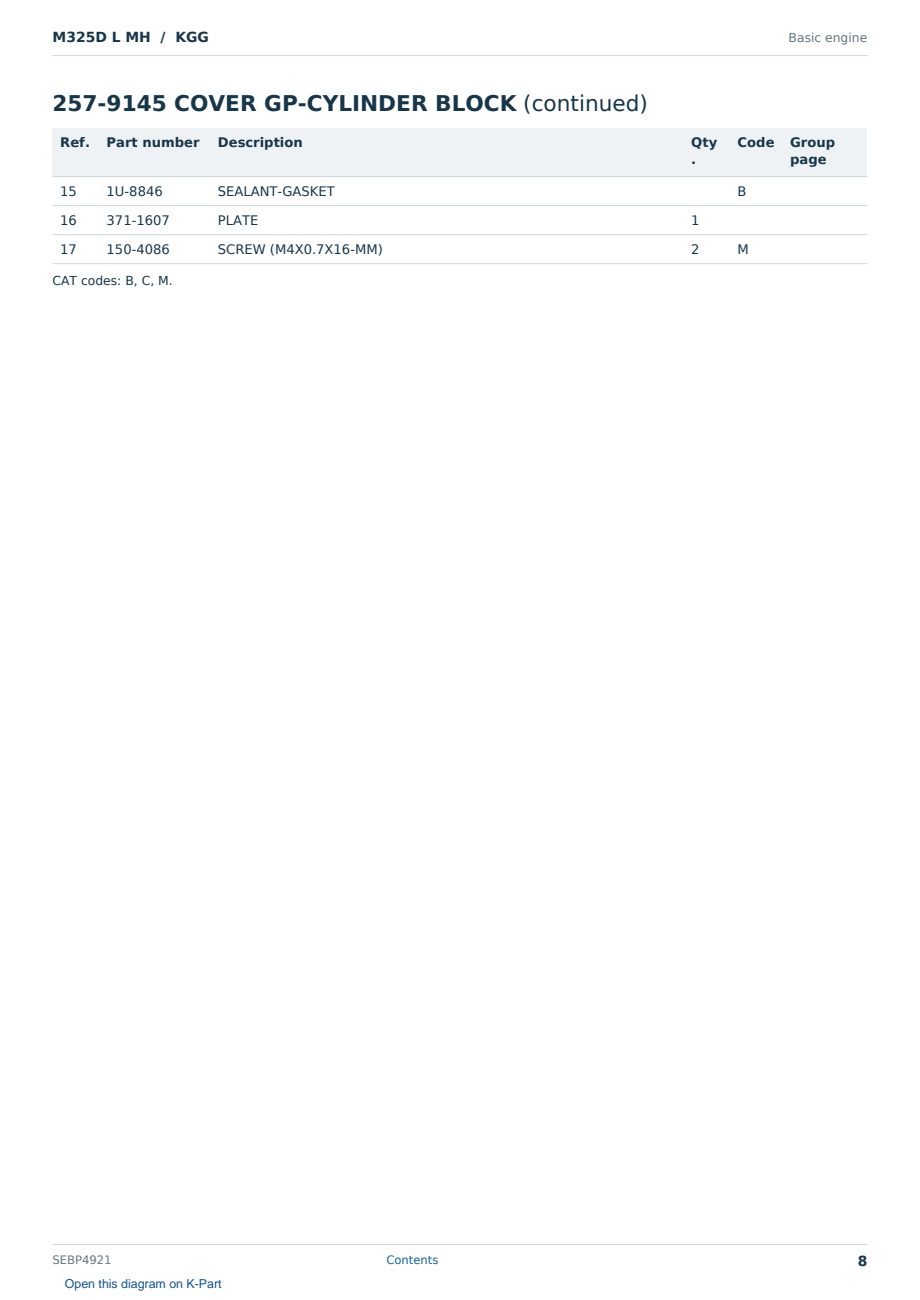 Caterpillar M325D L MH S/N KGG Partsbook SEBP4921 (English) - sample page 8 of 10 Caterpillar M325D L MH S/N KGG Partsbook SEBP4921 (English) - sample page 8 of 10