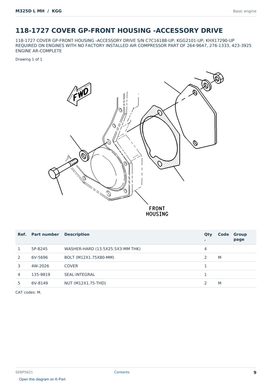 Caterpillar M325D L MH S/N KGG Partsbook SEBP5621 (English) - sample page 9 of 10 Caterpillar M325D L MH S/N KGG Partsbook SEBP5621 (English) - sample page 9 of 10