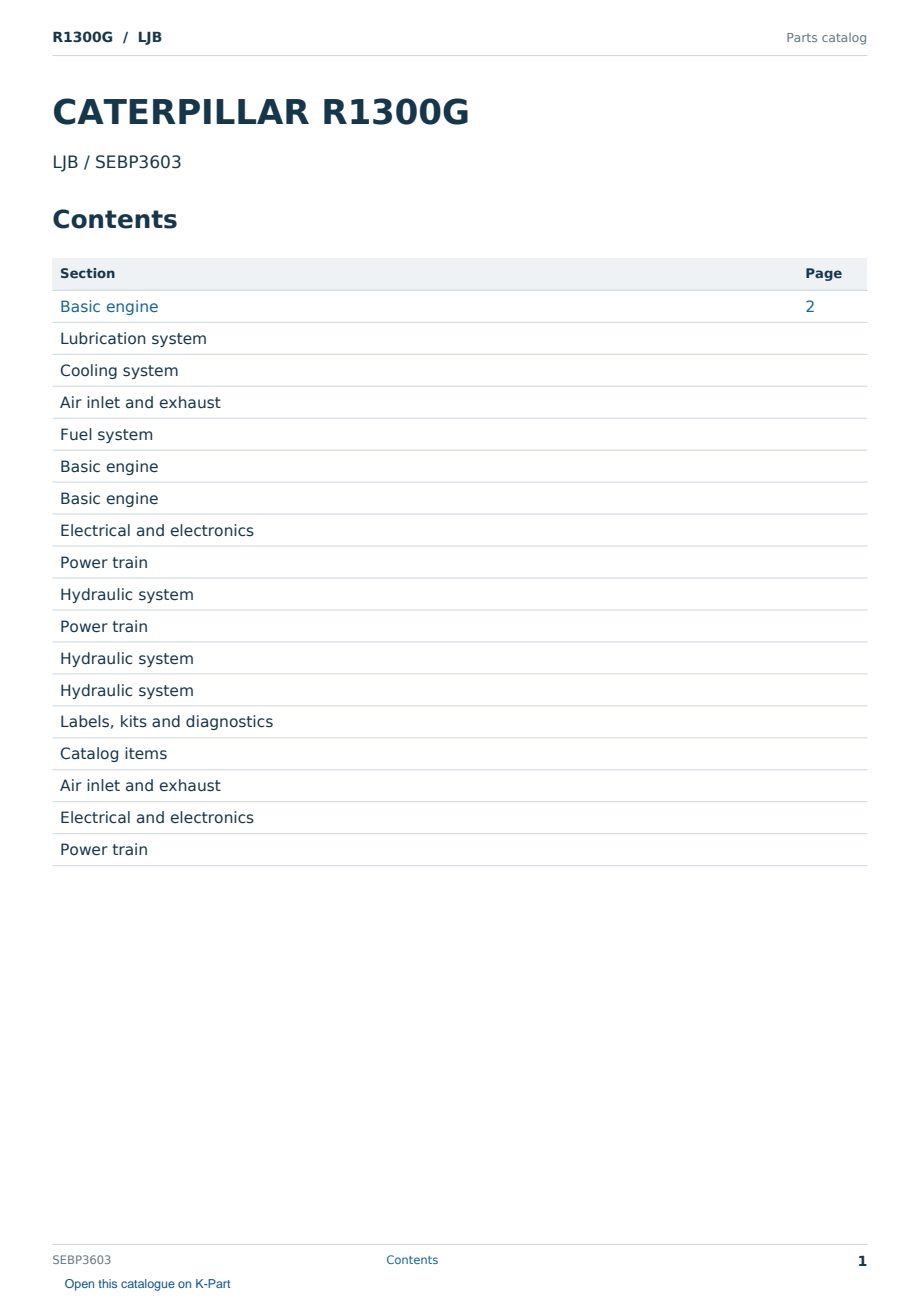 Caterpillar R1300G S/N LJB Partsbook SEBP3603 (English) - sample page 1 of 10 Caterpillar R1300G S/N LJB Partsbook SEBP3603 (English) - sample page 1 of 10