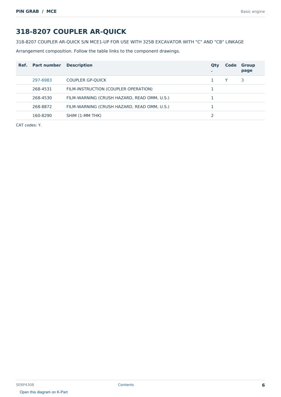 Caterpillar PIN GRAB S/N MCE Partsbook SEBP4308 (English) - sample page 6 of 6 Caterpillar PIN GRAB S/N MCE Partsbook SEBP4308 (English) - sample page 6 of 6