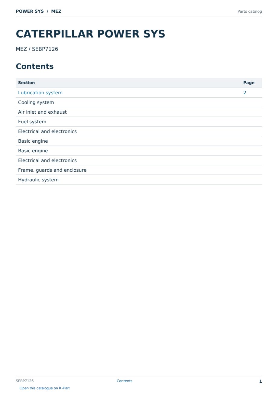 Caterpillar POWER SYS S/N MEZ Partsbook SEBP7126 (English) - sample page 1 of 10 Caterpillar POWER SYS S/N MEZ Partsbook SEBP7126 (English) - sample page 1 of 10