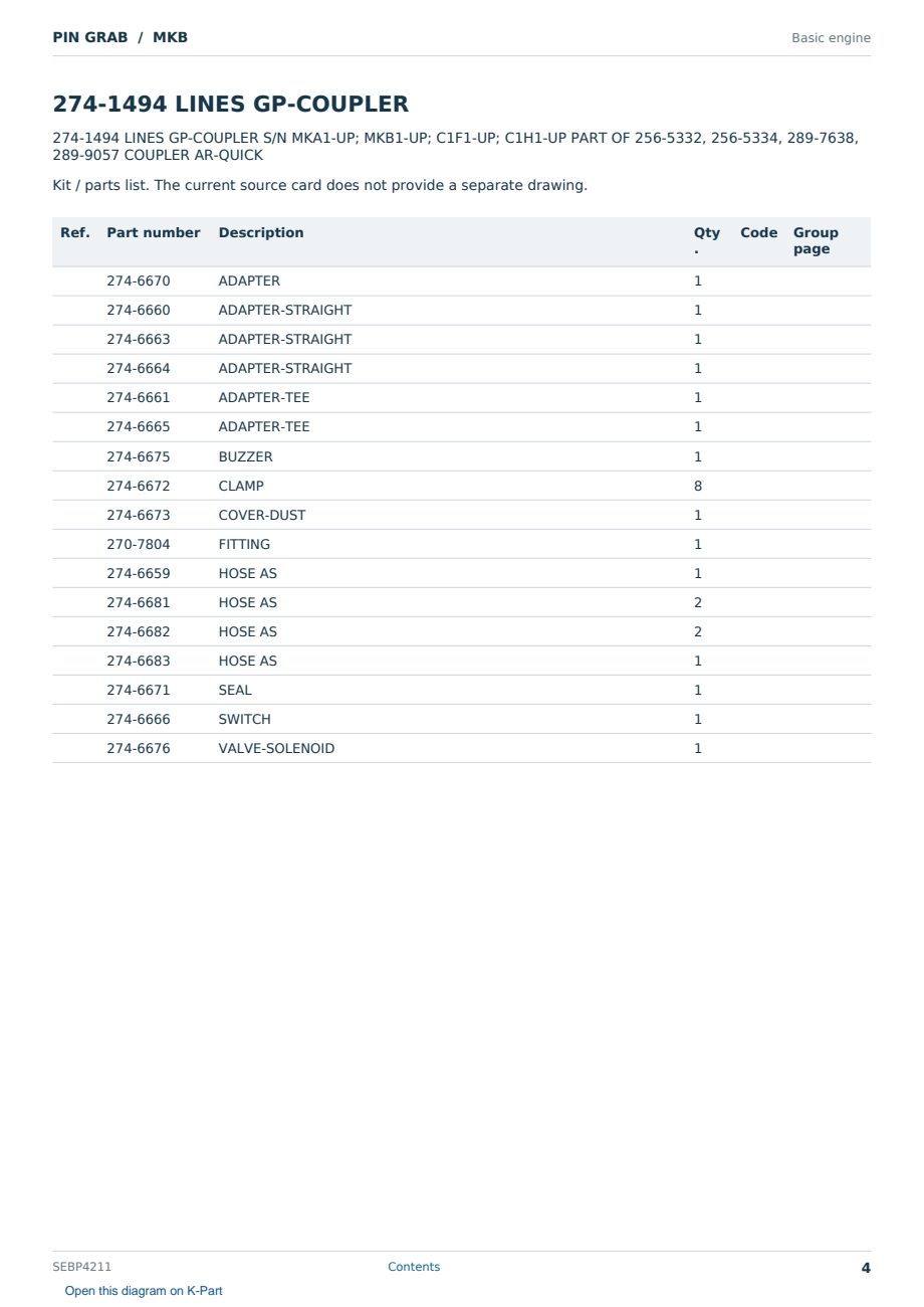 Caterpillar PIN GRAB S/N MKB Partsbook SEBP4211 (English) - sample page 4 of 8 Caterpillar PIN GRAB S/N MKB Partsbook SEBP4211 (English) - sample page 4 of 8