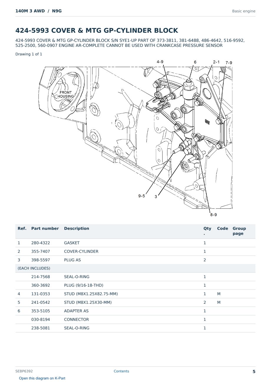 Caterpillar 140M 3 AWD S/N N9G Partsbook SEBP6392 (English) - sample page 5 of 10 Caterpillar 140M 3 AWD S/N N9G Partsbook SEBP6392 (English) - sample page 5 of 10