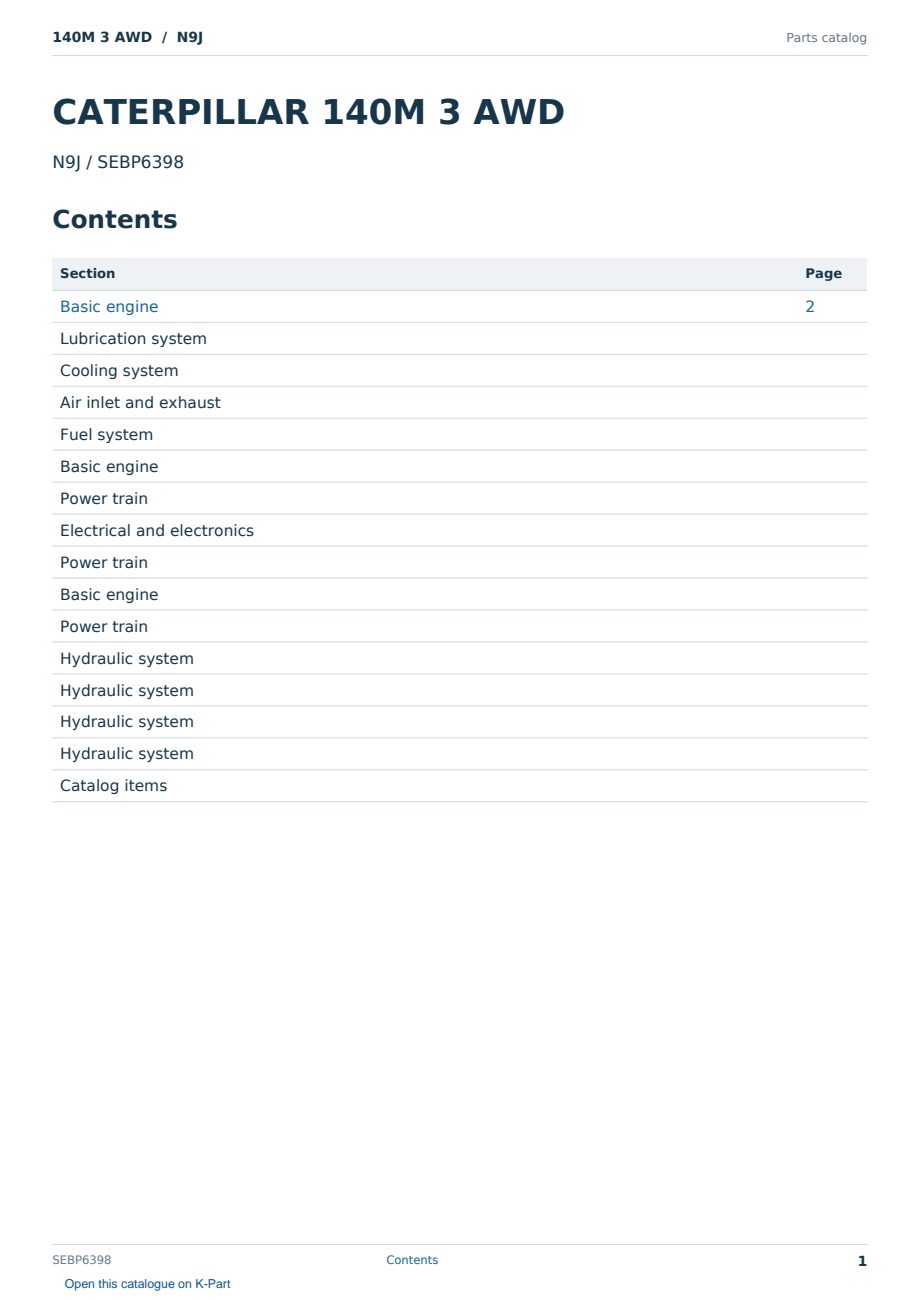Caterpillar 140M 3 AWD S/N N9J Partsbook SEBP6398 (English) - sample page 1 of 10 Caterpillar 140M 3 AWD S/N N9J Partsbook SEBP6398 (English) - sample page 1 of 10