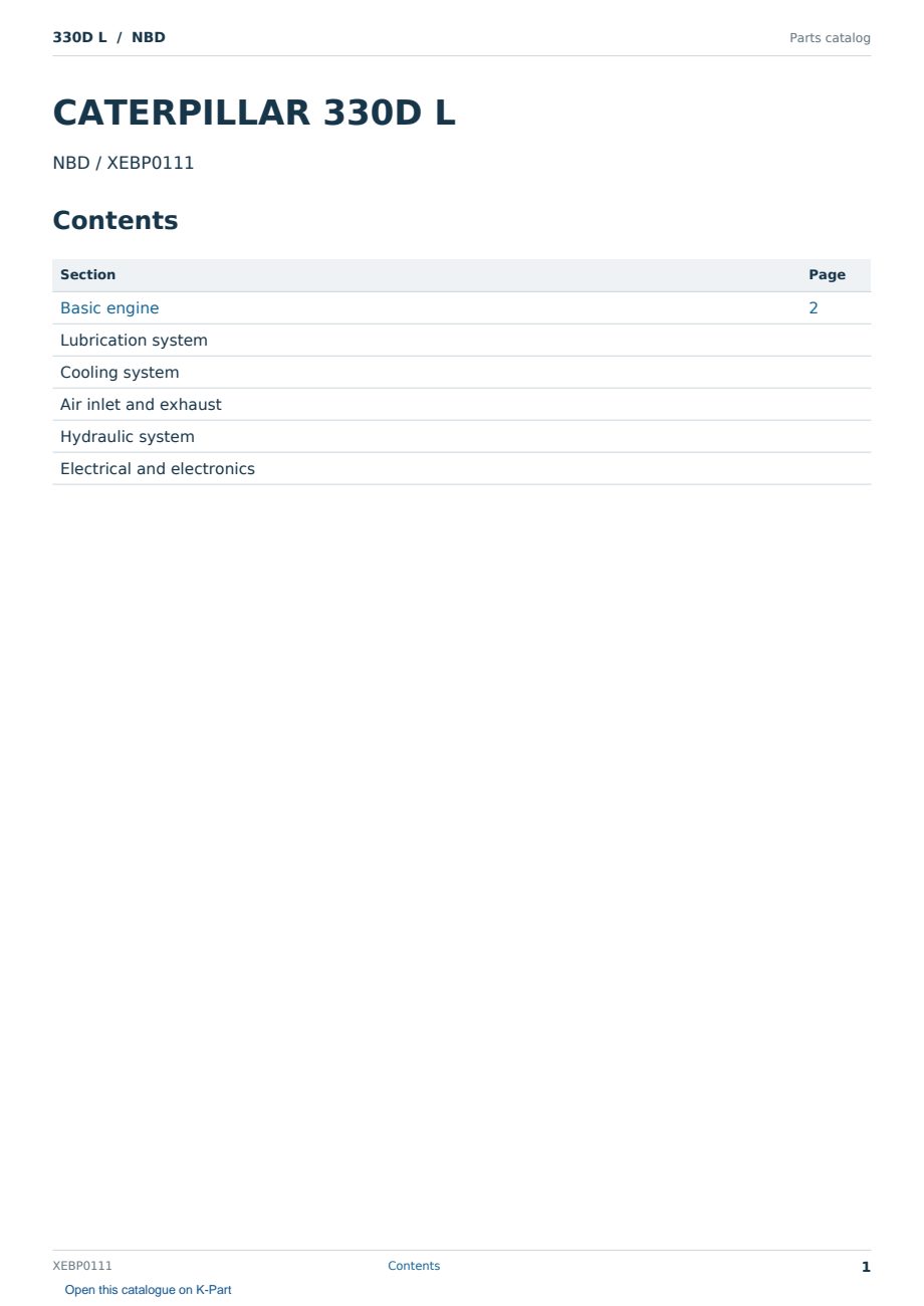 Caterpillar 330D L S/N NBD Partsbook XEBP0111 (English) - sample page 1 of 10 Caterpillar 330D L S/N NBD Partsbook XEBP0111 (English) - sample page 1 of 10