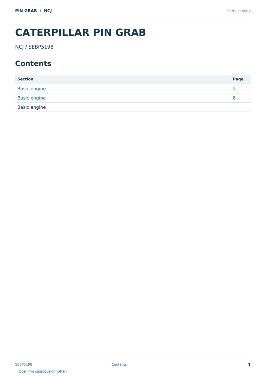 Caterpillar PIN GRAB S/N NCJ Partsbook SEBP5198 (English) - sample page 1 of 10 Caterpillar PIN GRAB S/N NCJ Partsbook SEBP5198 (English) - sample page 1 of 10